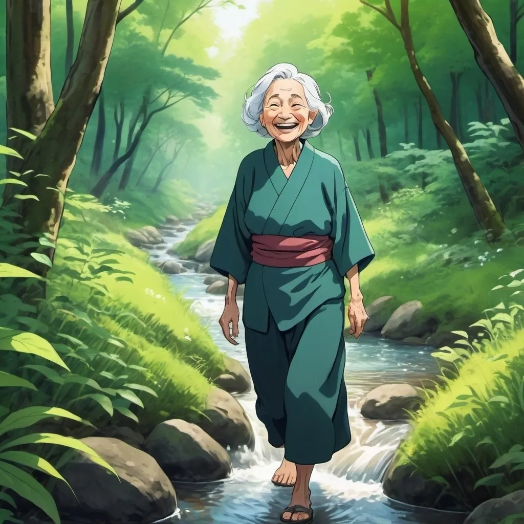 Prompt: Create (masterpiece) (highest quality) (intuitive) (inspirational) (stylized japanese anime) image of (an elderly woman with a wide toothless smile) (walking in a lush forest near a babbling brook) enjoying the outdoors. Pure joy is on her face. Digital art. 