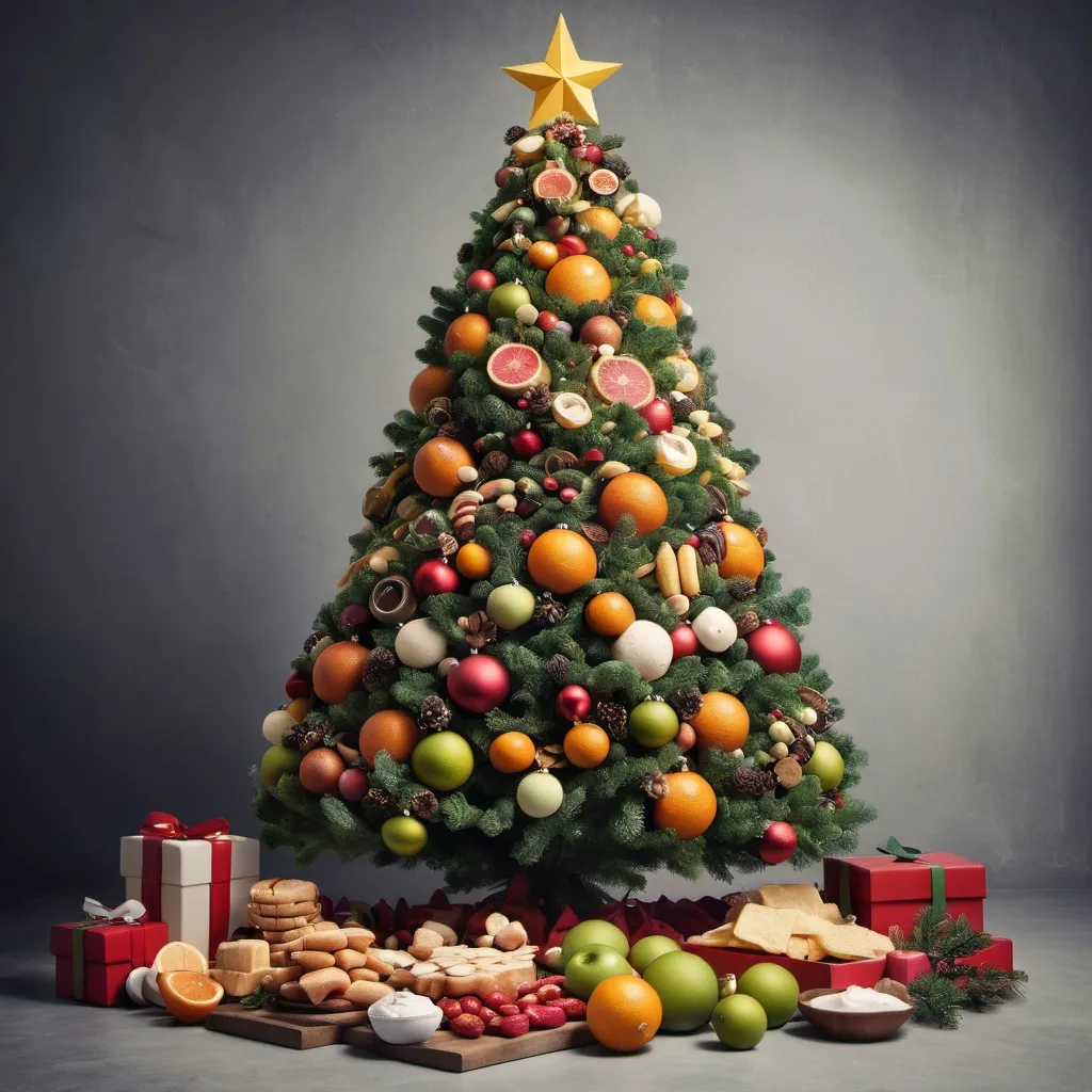 Prompt: a christmas tree with food