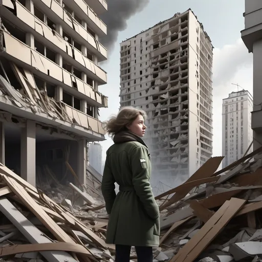 Prompt: an illustration of a 30 year old woman in the russian high storey buildings debris