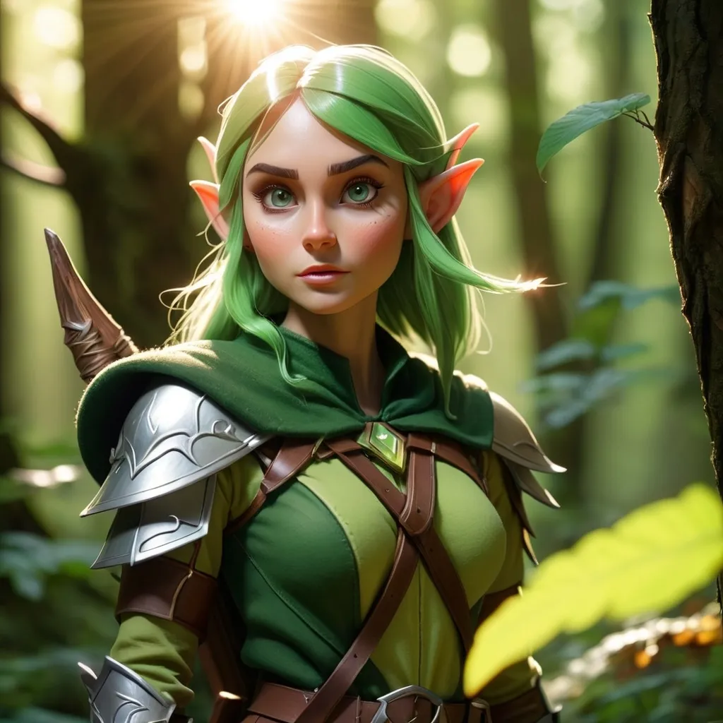 Prompt: Elf ranger in a mystical forest around sunlight