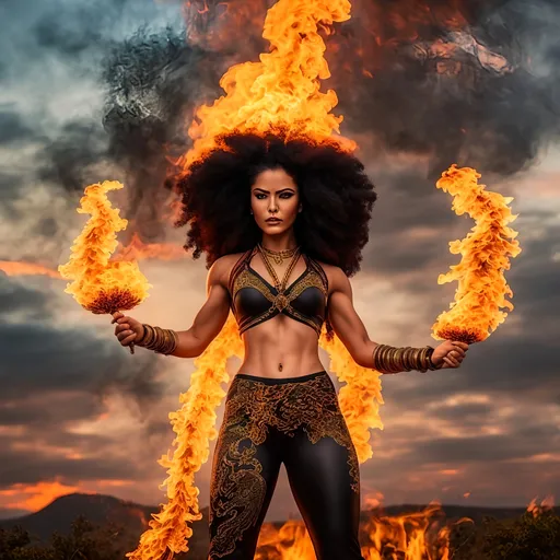 Prompt: photorealistic action shots of pyrokinetics; burning woman; burning environment; flows through; bald mexican woman with long black braided afro hair with many tattoos muscular , pose, smoke; flame; sky, burning mystical flame, he is holding a burn in his twohand, his face is angry,  "mystical fire is running at its foot with the shape of a dragon head" ,the city is burning in the background