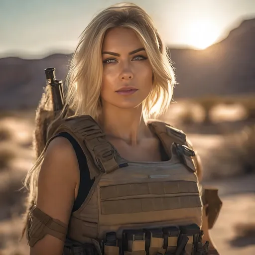 Prompt: Long Exposure,Sun Rays light,Sci-fi ,Fear,Post-Apocalyptic and Brutalism,HDR, UHD, 4K, 8k, and 64K,Highly detailed, hyper-realistic,
proper grip technique of the weapon.

detusch millitary blonde woman with bulletproof vest and head armor
,detalited beatifull face,  desert, enemy maps,holding a carbine rifle,desert camouflage,
,m4a1 with skin and attachment, war , battlefield, tank ,desert shemag in face, sand storm , bunker
