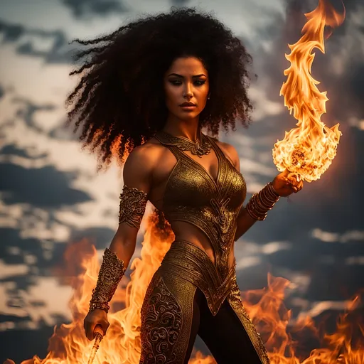 Prompt: photorealistic action shots of pyrokinetics; burning woman; burning environment; flows through; bald mexican woman with long black braided afro hair with many tattoos muscular , pose, smoke; flame; sky, burning mystical flame, he is holding a burn in his twohand, his face is angry,  "mystical fire is running at its foot with the shape of a dragon head" ,the city is burning in the background