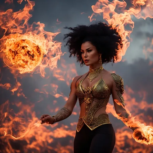 Prompt: photorealistic action shots of pyrokinetics; burning woman; burning environment; flows through; bald mexican woman with long black braided afro hair with many tattoos muscular , pose, smoke; flame; sky, burning mystical flame, he is holding a burn in his twohand, his face is angry,  "mystical fire is running at its foot with the shape of a dragon head" ,the city is burning in the background