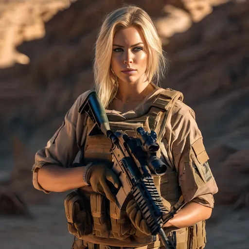 Prompt: Long Exposure,Sun Rays light,Sci-fi ,Fear,Post-Apocalyptic and Brutalism,HDR, UHD, 4K, 8k, and 64K,Highly detailed, hyper-realistic,

detusch millitary blonde woman with bulletproof vest,detalited beatifull face,  desert, enemy maps,holding a carbine rifle,desert camouflage,
,m4a1 with silencer, war , battlefield, tank ,desert shemag in face, sand storm , ulach ,
