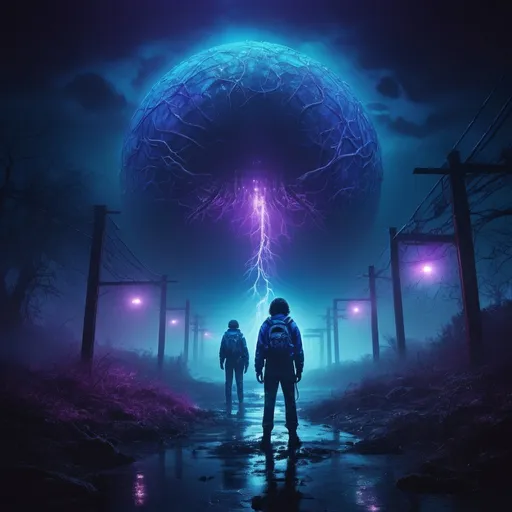 Prompt: Stranger things with evil the space down lord, High resolution, high quality, Artistic Style: Futuristic, Dark fantasy, Color Tones and Lighting: Dark and eerie, Glowing blues and purples, Atmospheric lighting, Misty and mysterious, dark
