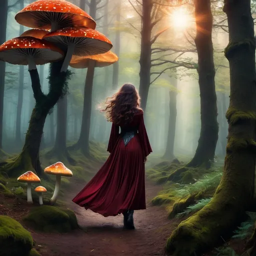 Prompt: A teenage girl wearing a closed, black magical cloak covering her entire body with a mystical aura. She has curly dark reddish hair and appears to be filled with sadness and aimlessness in a mystical forest environment. Within the forest, there are huge mushrooms and barren trees, among which shimmering trees stand out. The wind blowing through her hair and the visible smoke connect the forest to the sky and the girl's characteristics. One of her hands is covered by a mystical element, such as a mysterious glowing veil, beginning to envelop her right forearm, further strengthening the connection to the forest. The image contains special light effects, such as magical radiance in the sky and mystical lights in the forest, enhancing the magical atmosphere. Hidden animals or mystical symbols can also be found in the picture to captivate the viewer's attention. The composition is dynamic, with triangles and curves adding momentum to the scene. The use of special textures and patterns on clothing and in the environment enriches the appearance of the artwork. With these changes and elements, the mystical and magical atmosphere of the artwork becomes even more perceptible