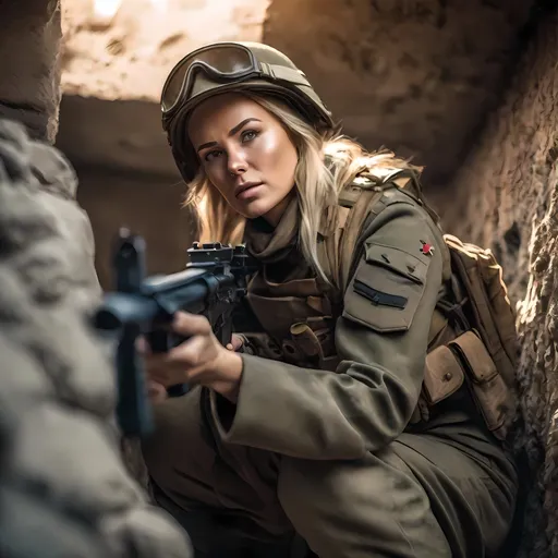 Prompt: Long Exposure,Sun Rays light,Sci-fi ,Fear,Post-Apocalyptic and Brutalism,HDR, UHD, 4K, 8k, and 64K,Highly detailed, hyper-realistic,

German Waffen-SS Elite Soldier in Combat

"A German female soldier is seen using the proper grip technique, taking cover in a bunker, with blonde hair, wearing a bulletproof vest and headgear. Her face is detailed and beautiful, while in the background, a detailed desert battle unfolds in enemy territory close to an important base. She holds a carbine rifle in her hands, wearing desert camouflage, and her M4A1 rifle is accessorized with attachments. The war, the battlefield, a tank, sandstorm, and a Shemagh scarf complement the scene."