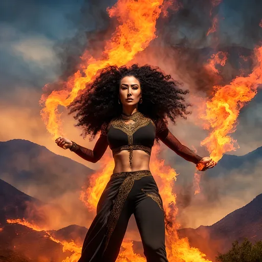 Prompt: photorealistic action shots of pyrokinetics; burning woman; burning environment; flows through; bald mexican woman with long black braided afro hair with many tattoos muscular , pose, smoke; flame; sky, burning mystical flame, he is holding a burn in his twohand, his face is angry,  "mystical fire is running at its foot with the shape of a dragon head" ((background: we can envision a fiery landscape filled with mountains, where flames dance on the peaks of the mountains and around the countryside. The sky is tinted reddish as it warms from the fires. The sides of the mountains are covered in smoke, which arises directly from the flames' impact.))