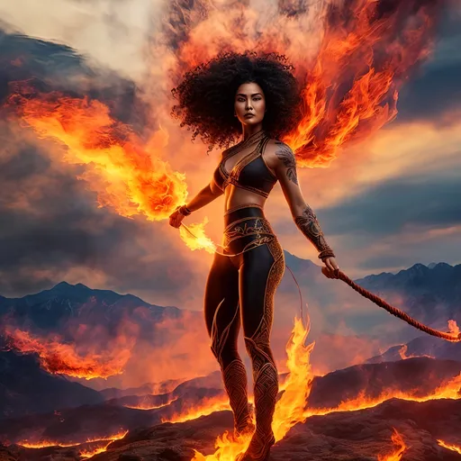 Prompt: photorealistic action shots of pyrokinetics; burning woman; burning environment; flows through; bald mexican woman with long black braided afro hair with many tattoos muscular , pose, smoke; flame; sky, burning mystical flame, he is holding a burn in his twohand, his face is angry,  "mystical fire is running at its foot with the shape of a dragon head" ((background: we can envision a fiery landscape filled with mountains, where flames dance on the peaks of the mountains and around the countryside. The sky is tinted reddish as it warms from the fires. The sides of the mountains are covered in smoke, which arises directly from the flames' impact.))