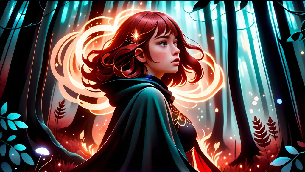 Prompt: "A teenage girl with short dark red hair is seen in sadness and aimlessness in a mystical forest environment, wearing a closed, black magic cloak that covers her entire body, giving her a mystical appearance and exuding a unified and mysterious atmosphere. Inside the forest, there are huge mushrooms and desolate trees, among which shining trees stand out. The wind blowing through the girl's hair and the visible smoke connect the forest to the sky and the girl's characteristics. One of her hands is covered by a mystical element, such as a mysterious flaming veil, starting to envelop her right forearm, further strengthening the connection to the forest. The image contains special lighting effects, such as a magical glow in the sky and mystical lights in the forest, intensifying the magical ambiance. Hidden animals or mystical symbols can also be found in the picture to captivate the viewer's attention. The composition is dynamic, with triangles and curves giving momentum to the scene. The application of special textures and patterns on the clothing and in the environment enriches the appearance of the artwork. With these changes and elements, the mystical and magical atmosphere of the artwork becomes even more perceptible.