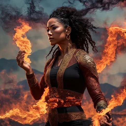 Prompt: photorealistic action shots of pyrokinetics; burning woman; burning environment; flows through; bald mexican woman with long black braided afro hair with many tattoos muscular , pose, smoke; flame; sky, burning mystical flame, he is holding a burn in his twohand, his face is angry,  "mystical fire is running at its foot with the shape of a dragon head" ((background: we can envision a fiery landscape filled with mountains, where flames dance on the peaks of the mountains and around the countryside. The sky is tinted reddish as it warms from the fires. The sides of the mountains are covered in smoke, which arises directly from the flames' impact.))