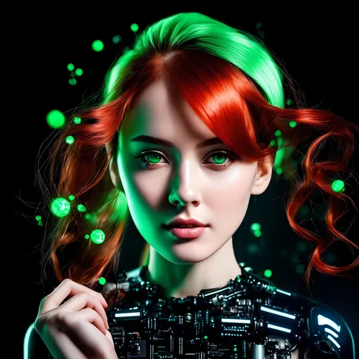 Prompt: Red hair and frufru and ponytail, cute girl, Techno, cyberpunk, biomechanics, mechanical, face transhumanism, black background , head transhumanism ,head enchament , Transhuman many facial, Injector Needle with green liquid in the hand, Facing the camera ,