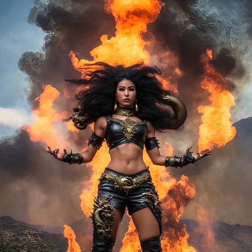 Prompt: photorealistic action shots of pyrokinetics; burning woman; burning environment; flows through; bald mexican woman with long black braided afro hair with many tattoos muscular ((Outfit: 
The top could be a form-fitting, leather-made piece adorned with decorative golden buckles and dragon-themed embellishments. Long, bat-like details could extend from the sleeves or shoulders, widening impressively with movement.

The bottom could consist of high-waisted skirt or pants, also crafted from leather, featuring golden accents and dragon-patterned details. Broader belts or ribbons could run along the thighs, enhancing the combat effect.

Footwear protecting the legs could be high-heeled, leather boots adorned with decorative golden buckles and dragon-themed embellishments.))  , smoke; flame; sky, burning mystical flame, he is holding a burn in his twohand, his face is angry,  "mystical fire is running at its foot with the shape of a dragon head" ((background: we can envision a fiery landscape filled with mountains, where flames dance on the peaks of the mountains and around the countryside. The sky is tinted reddish as it warms from the fires. The sides of the mountains are covered in smoke, which arises directly from the flames' impact.))