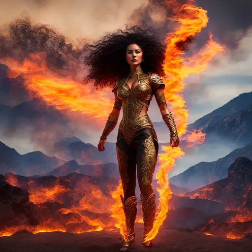 Prompt: photorealistic action shots of pyrokinetics; burning woman; burning environment; flows through; bald mexican woman with long black braided afro hair with many tattoos muscular , pose, smoke; flame; sky, burning mystical flame, he is holding a burn in his twohand, his face is angry,  "mystical fire is running at its foot with the shape of a dragon head" ((background: we can envision a fiery landscape filled with mountains, where flames dance on the peaks of the mountains and around the countryside. The sky is tinted reddish as it warms from the fires. The sides of the mountains are covered in smoke, which arises directly from the flames' impact.))