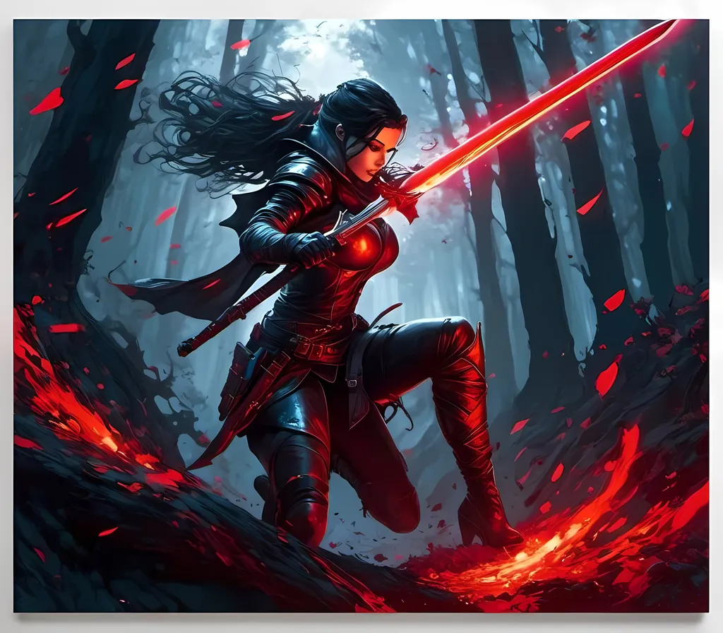 Prompt: <mymodel> a woman with a sword in a forest with red lights on her face and a red light on her face, Aleksi Briclot, fantasy art, affinity photo, concept arthh

**"Techno Ninja Leap":** The character leaps into the air, kneeling on one leg while pulling the other leg back, raising both arms as if in an action scene.