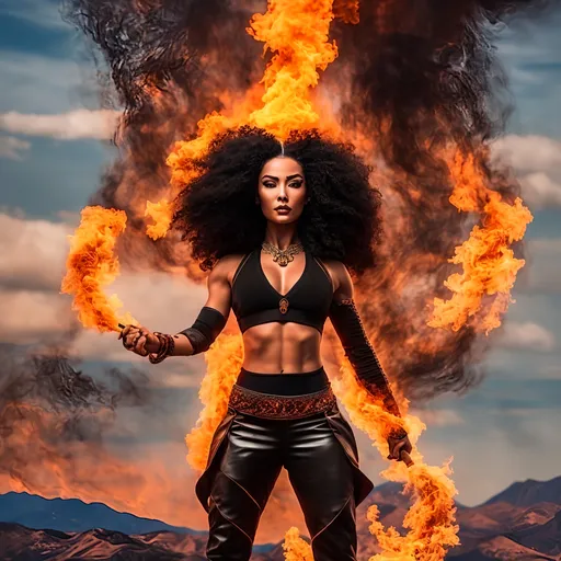 Prompt: photorealistic action shots of pyrokinetics; burning woman; burning environment; flows through; bald mexican woman with long black braided afro hair with many tattoos muscular , pose, smoke; flame; sky, burning mystical flame, he is holding a burn in his twohand, his face is angry,  "mystical fire is running at its foot with the shape of a dragon head" ((background: we can envision a fiery landscape filled with mountains, where flames dance on the peaks of the mountains and around the countryside. The sky is tinted reddish as it warms from the fires. The sides of the mountains are covered in smoke, which arises directly from the flames' impact.))