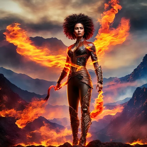 Prompt: photorealistic action shots of pyrokinetics; burning woman; burning environment; flows through; bald mexican woman with long black braided afro hair with many tattoos muscular , pose, smoke; flame; sky, burning mystical flame, he is holding a burn in his twohand, his face is angry,  "mystical fire is running at its foot with the shape of a dragon head" ((background: we can envision a fiery landscape filled with mountains, where flames dance on the peaks of the mountains and around the countryside. The sky is tinted reddish as it warms from the fires. The sides of the mountains are covered in smoke, which arises directly from the flames' impact.))