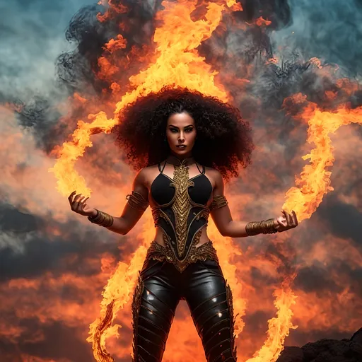 Prompt: photorealistic action shots of pyrokinetics; burning woman; burning environment; flows through; bald mexican woman with long black braided afro hair with many tattoos muscular , pose, smoke; flame; sky, burning mystical flame, he is holding a burn in his twohand, his face is angry,  "mystical fire is running at its foot with the shape of a dragon head" ,the city is burning in the background