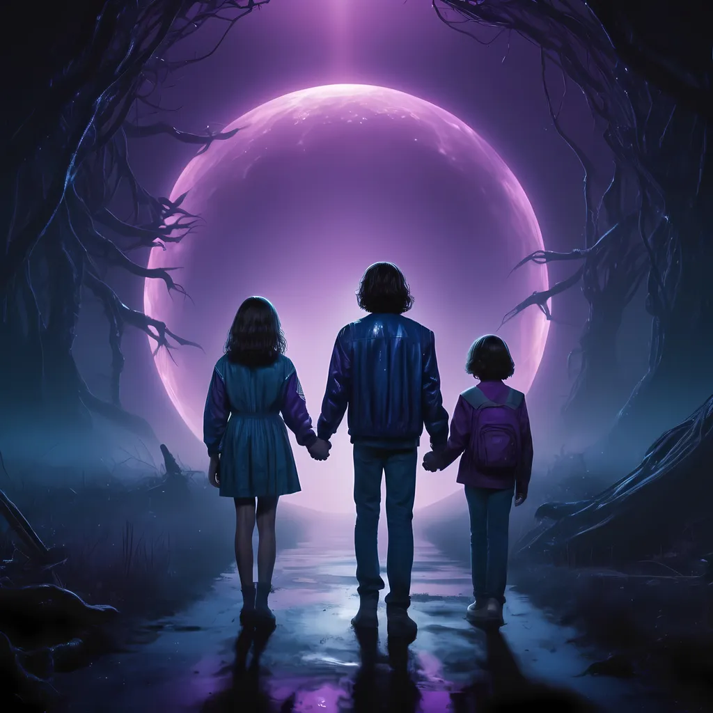 Prompt: Stranger things with evil the space down lord, 11 and max and nancy holding hands,
 High resolution, high quality, Artistic Style: Futuristic,dark atmosphere, Dark fantasy, Color Tones and Lighting: Dark and eerie, Glowing blues and purples, Atmospheric lighting, Misty and mysterious, dark
