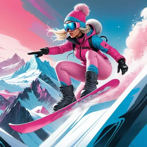 Prompt: Természetesen, íme a módosított szöveg, amelybe belefoglaltam a szűk hegycsúcsot és a gleccsert:

A futuristic, comic-book style Cyberpunk artwork featuring a highly detailed and dynamic scene of a snowboarding girl confidently performing a Backside 360 Tail Grab trick with correct posture on a uniquely graffiti-patterned pink snowboard. The girl, with detailed thin lips, a pointed nose, platinum blonde hair, and a sporty skinny body, showcases her skills as she descends a narrow mountain pass, with a majestic glacier looming behind her. The artwork is rich in detail, capturing snow, air tricks, and a thrilling snowboard race track in pastel colors with a touch of pop surrealism. Dressed in a face mask, ski glasses, a winter pom-pom hat, a short crop top, mountain climbing pants, sports gloves, and winter boots in pink, grey, and blue colors, the girl executes the dynamic Backside 360 Tail Grab trick with effortless style and flair, creating a visually captivating and technically impressive snowboarding scene.