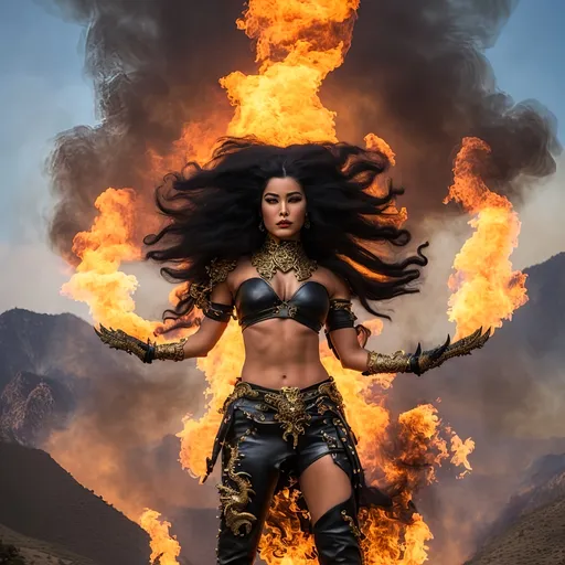 Prompt: photorealistic action shots of pyrokinetics; burning woman; burning environment; flows through; bald mexican woman with long black braided afro hair with many tattoos muscular ((Outfit: 
The top could be a form-fitting, leather-made piece adorned with decorative golden buckles and dragon-themed embellishments. Long, bat-like details could extend from the sleeves or shoulders, widening impressively with movement.

The bottom could consist of high-waisted skirt or pants, also crafted from leather, featuring golden accents and dragon-patterned details. Broader belts or ribbons could run along the thighs, enhancing the combat effect.

Footwear protecting the legs could be high-heeled, leather boots adorned with decorative golden buckles and dragon-themed embellishments.))  , smoke; flame; sky, burning mystical flame, he is holding a burn in his twohand, his face is angry,  "mystical fire is running at its foot with the shape of a dragon head" ((background: we can envision a fiery landscape filled with mountains, where flames dance on the peaks of the mountains and around the countryside. The sky is tinted reddish as it warms from the fires. The sides of the mountains are covered in smoke, which arises directly from the flames' impact.))