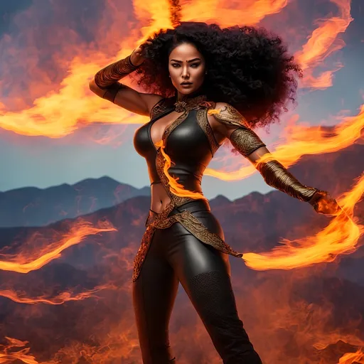 Prompt: photorealistic action shots of pyrokinetics; burning woman; burning environment; flows through; bald mexican woman with long black braided afro hair with many tattoos muscular , pose, smoke; flame; sky, burning mystical flame, he is holding a burn in his twohand, his face is angry,  "mystical fire is running at its foot with the shape of a dragon head" ((background: we can envision a fiery landscape filled with mountains, where flames dance on the peaks of the mountains and around the countryside. The sky is tinted reddish as it warms from the fires. The sides of the mountains are covered in smoke, which arises directly from the flames' impact.))