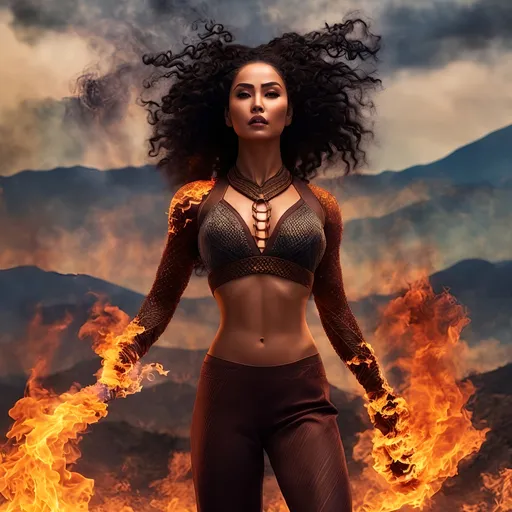 Prompt: photorealistic action shots of pyrokinetics; burning woman; burning environment; flows through; bald mexican woman with long black braided afro hair with many tattoos muscular , pose, smoke; flame; sky, burning mystical flame, he is holding a burn in his twohand, his face is angry,  "mystical fire is running at its foot with the shape of a dragon head" ((background: we can envision a fiery landscape filled with mountains, where flames dance on the peaks of the mountains and around the countryside. The sky is tinted reddish as it warms from the fires. The sides of the mountains are covered in smoke, which arises directly from the flames' impact.))