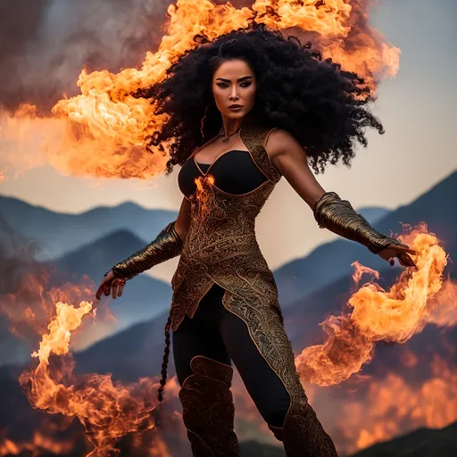 Prompt: photorealistic action shots of pyrokinetics; burning woman; burning environment; flows through; bald mexican woman with long black braided afro hair with many tattoos muscular , pose, smoke; flame; sky, burning mystical flame, he is holding a burn in his twohand, his face is angry,  "mystical fire is running at its foot with the shape of a dragon head" ((background: we can envision a fiery landscape filled with mountains, where flames dance on the peaks of the mountains and around the countryside. The sky is tinted reddish as it warms from the fires. The sides of the mountains are covered in smoke, which arises directly from the flames' impact.))