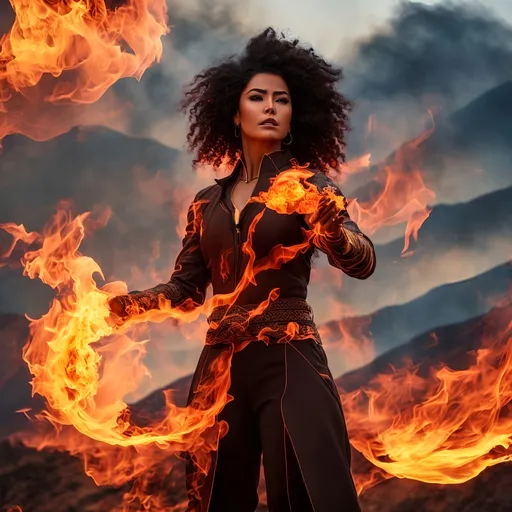 Prompt: photorealistic action shots of pyrokinetics; burning woman; burning environment; flows through; bald mexican woman with long black braided afro hair with many tattoos muscular , pose, smoke; flame; sky, burning mystical flame, he is holding a burn in his twohand, his face is angry,  "mystical fire is running at its foot with the shape of a dragon head" ((background: we can envision a fiery landscape filled with mountains, where flames dance on the peaks of the mountains and around the countryside. The sky is tinted reddish as it warms from the fires. The sides of the mountains are covered in smoke, which arises directly from the flames' impact.))