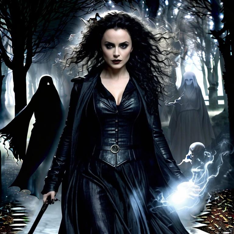Prompt: Ghosts or Shadows: Ghosts or shadows could be inserted into the background, surrounding the characters to further enhance the mystical atmosphere and the threat of death.