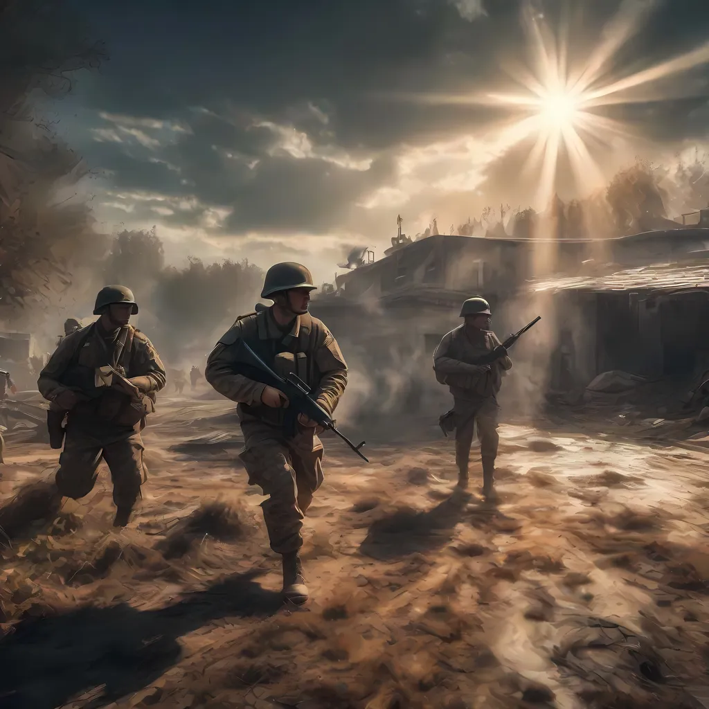 Prompt:  Art Styles: Military Sci-Fi, Post-Apocalyptic and cyberpunk ,Sun Rays light ,Post-Apocalyptic and Brutalism,HDR, UHD, 4K, 8k, and 64K,Highly detailed, hyper-realistic,modern-warfare,

German Waffen-SS Elite Soldiers in the Heat of Battle 

A digital illustration, a dynamic scene that captures from a woman's perspective the intensity of the military forces of the 23rd century Detusch humanity, who are fighting a desperate battle against the eagle.


background is total war with under bombardment, the German team is under close range fire
"A German female soldier is seen using the proper grip technique, taking cover in a bunker, with blonde hair, wearing a bulletproof vest . Her face is detailed and beautiful, while in the background, a detailed desert battle unfolds in enemy territory close to an important base. She holds a carbine rifle in her hands, wearing desert camouflage, and her M4A1 rifle is accessorized with attachments. The war, the battlefield, a tank, sandstorm, and a Shemagh scarf complement the scene."