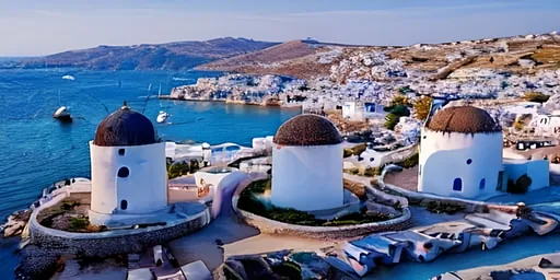 Prompt: Greek island of Mykonos from above