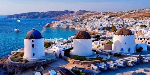 Prompt: Greek island of Mykonos from above