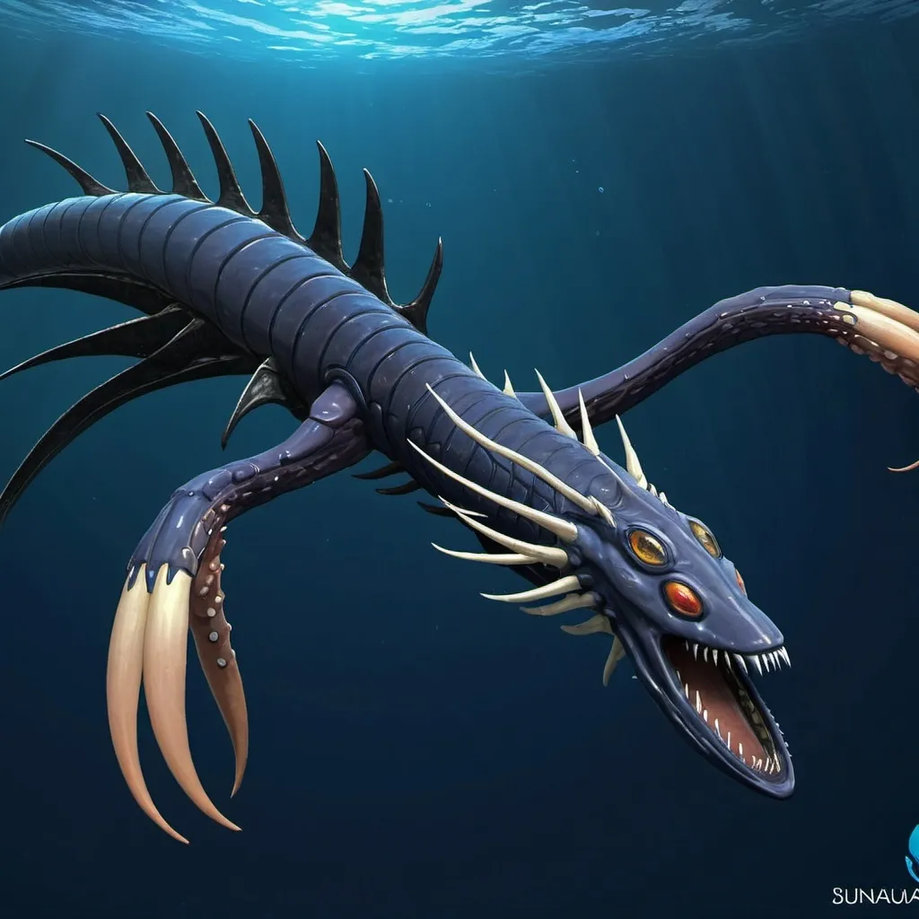 Prompt: Subnautica leviathan creature concept, really huge, lives in the void biome, has front claws and long spiked tell, sea dragon like