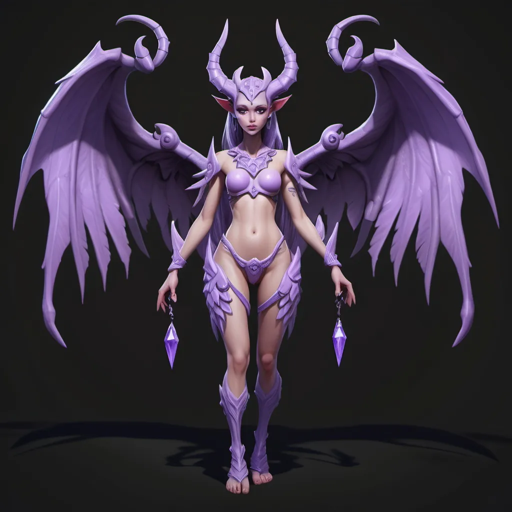 Prompt: AFK Journey female Hypogean with wings and horns, demon like with lilac skin
