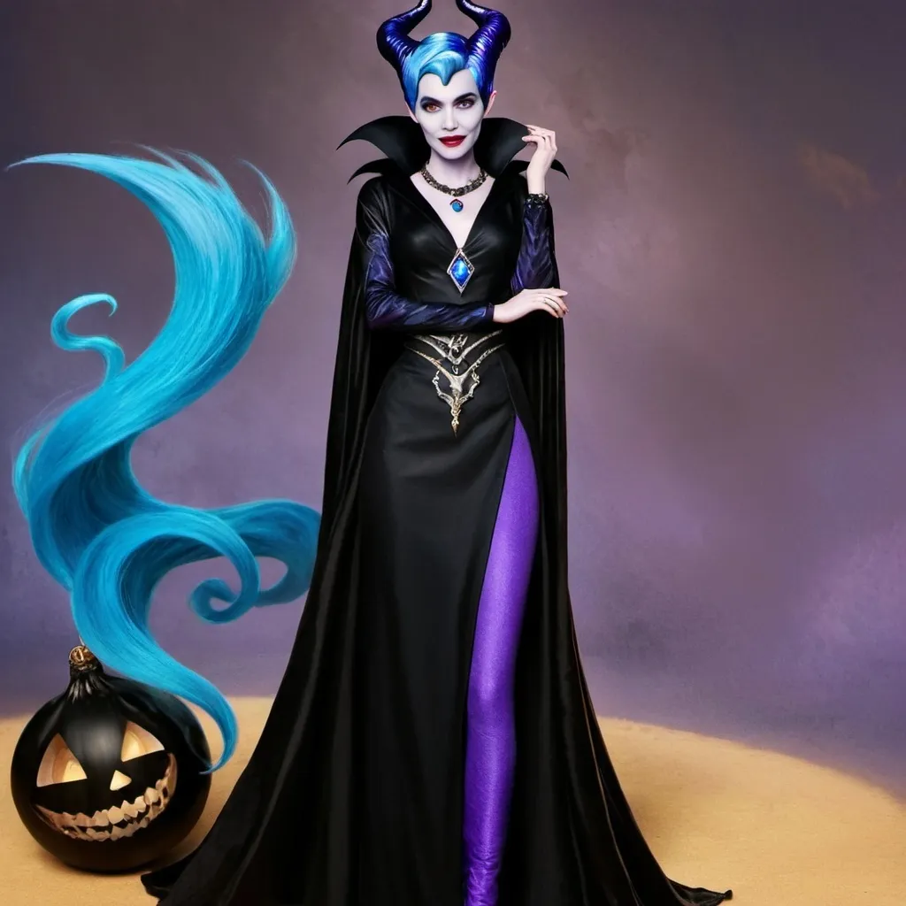 Prompt: Disney descendants, Maleficent and hades fusion, female, blue and purple hair wearing a black diamond necklace 