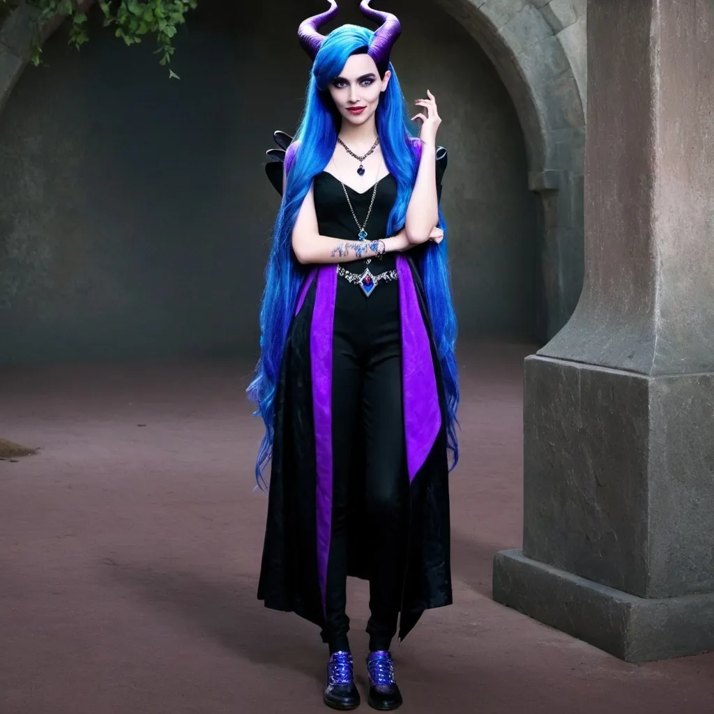 Prompt: Disney descendants, Maleficent and hades fusion, teenager female, blue and purple hair wearing a black diamond necklace 