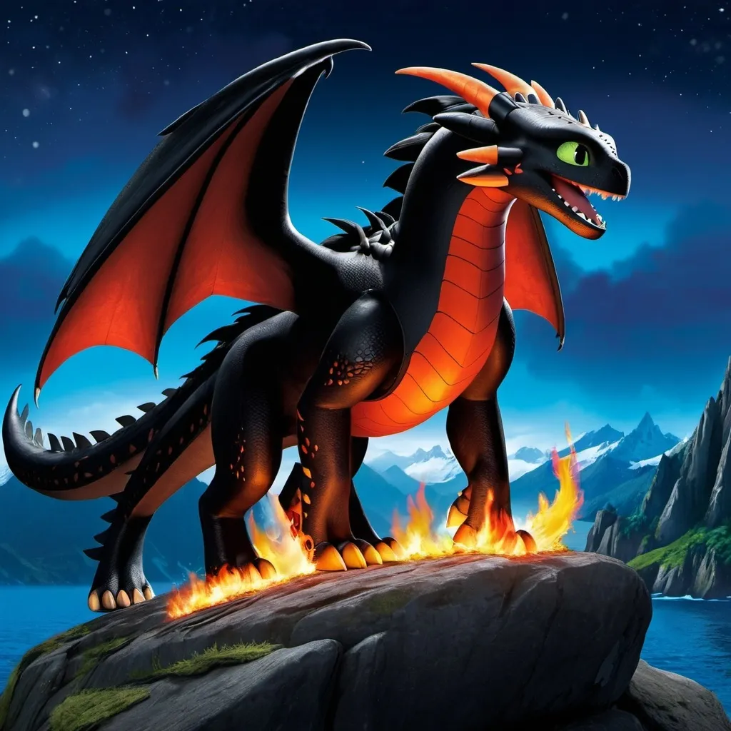 Prompt: Make hookfang from how to train your dragon, on fire, intimidating, hyper realistic, hyper detailed, standing on a rock, glowing with fire, night sky, 