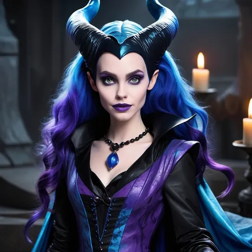 Prompt: Disney descendants, Maleficent and hades fusion, female, child, blue and purple hair 