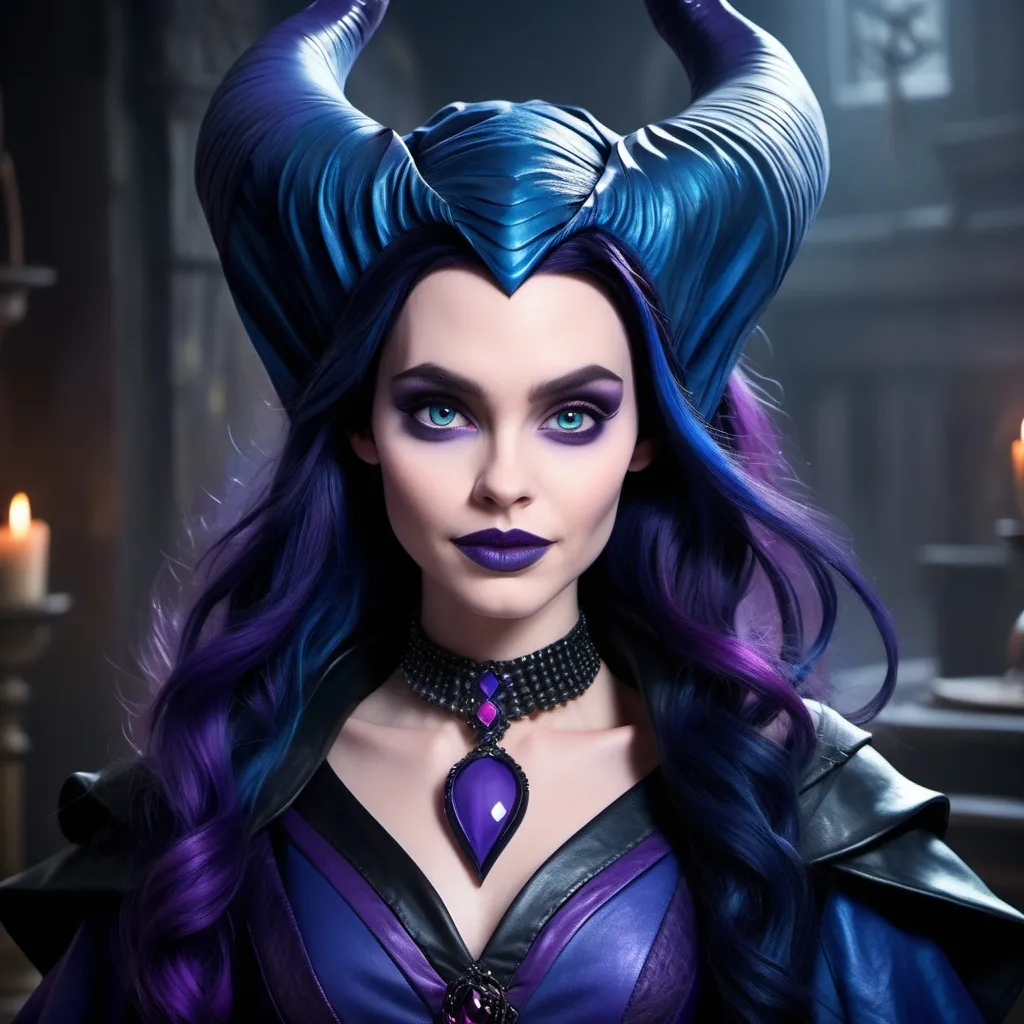 Prompt: Disney descendants, Maleficent and hades fusion, female, child, dark blue and purple hair