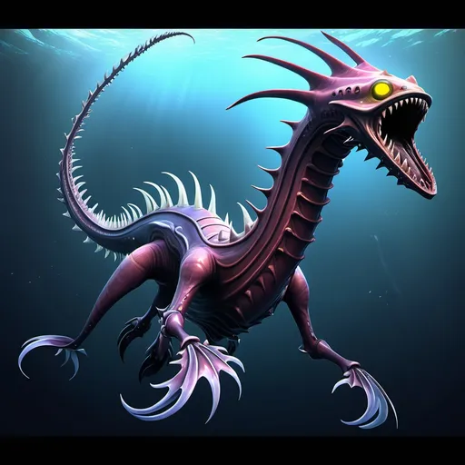 Prompt: Subnautica leviathan creature concept, really huge, lives in the void biome, has front claws and long spiked tell, sea dragon like