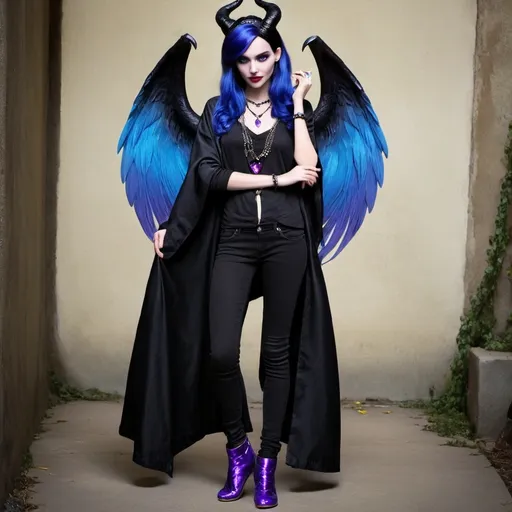 Prompt: Disney descendants, Maleficent and hades fusion, teenager female, blue and purple hair wearing a black diamond necklace 