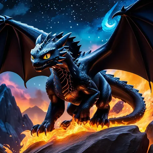 Prompt: Make night fury and monsterous nightmare hybrid from how to train your dragon, on fire, intimidating, hyper realistic, hyper detailed, standing on a rock, glowing with fire, night sky, 