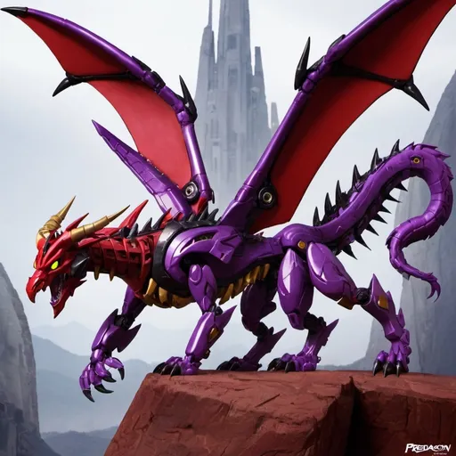 Prompt: Predacon, cybertronian dragon, crimson red, female, huge, purple eyes, long horns