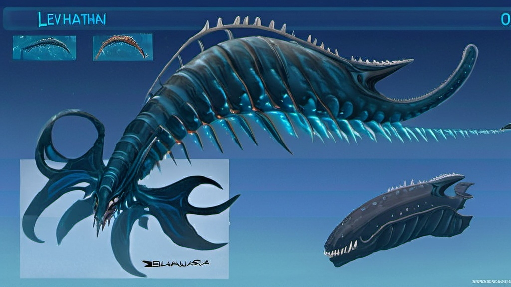 Prompt: Subnautica leviathan creature concept, really huge, lives in the void biome, has front claws and long spiked tell, sea dragon, full image