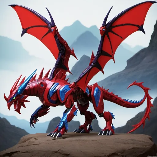 Prompt: Predacon, cybertronian dragon, crimson red with blue, female, huge, long horns, huge wings