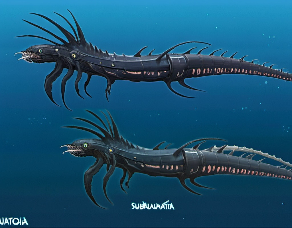 Prompt: Subnautica leviathan creature concept, really huge, lives in the void biome, has front claws and long spiked tell, sea dragon, full image