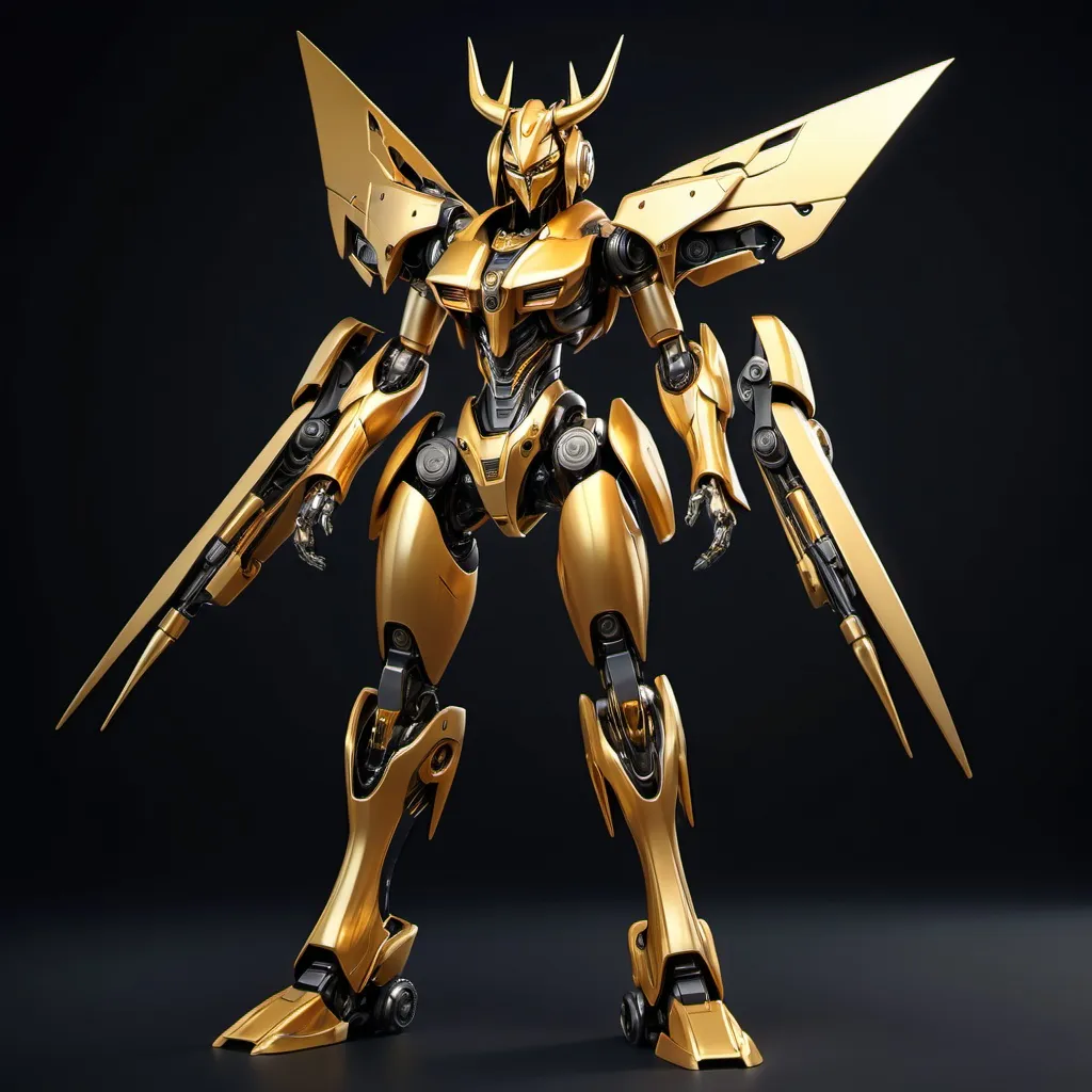 Prompt: Female mecha with long curved horns on head that is gold and black in coloring, female mech body transformer cartoon full body