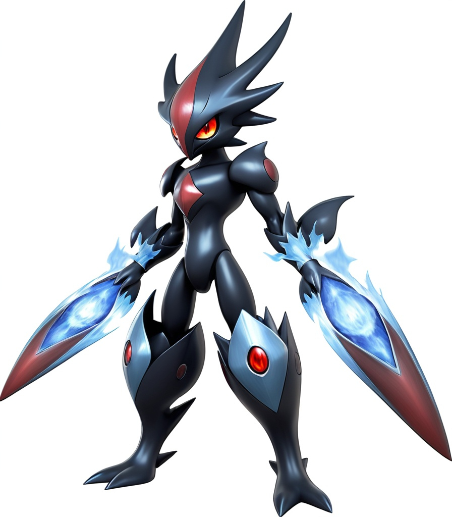 Prompt: Pokemon Ceruledge, black and red flames with silver armor and crimson red eyes